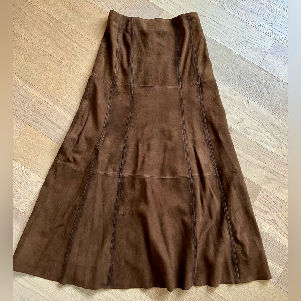 Massimo Dutti Suede Leather Brown Midi Skirt